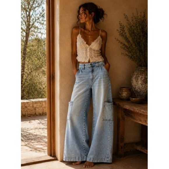American Eagle Outfitters Denim - American Eagle Super High-Rise Baggy Wide Leg Cargo Jeans Light Wash 0 Short
